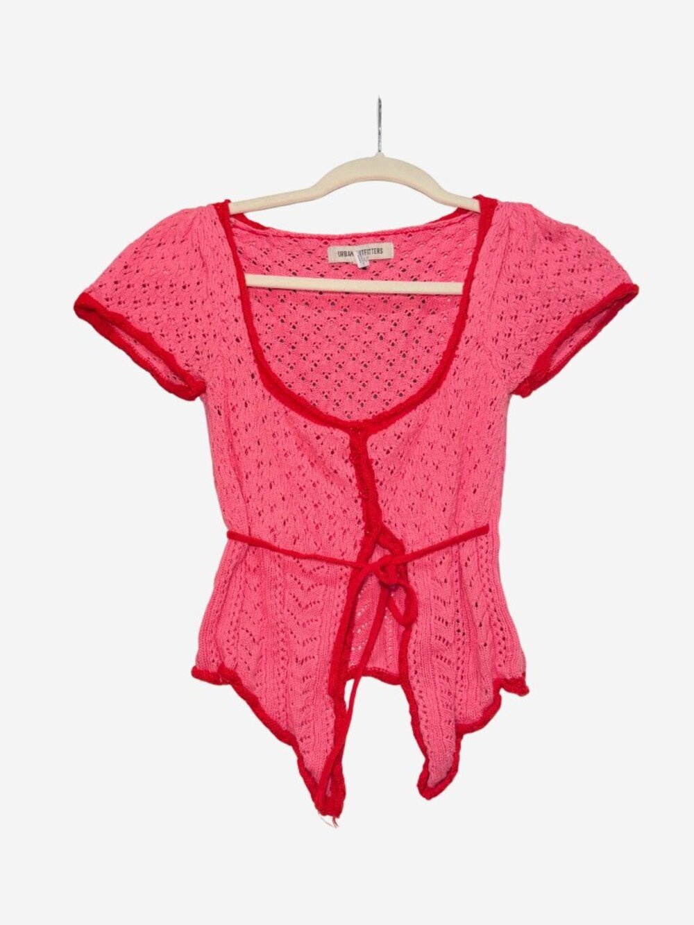 Urban Outfitters Pink & Red Pointelle Lace Tie-Front Cardigan - S